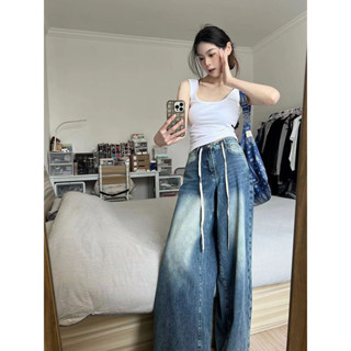 【Princess Home】長褲女 牛仔褲 寬褲 直筒褲 複古抽繩牛仔褲 酷鹽係 拖地褲子ins 休閒褲 韓係穿搭