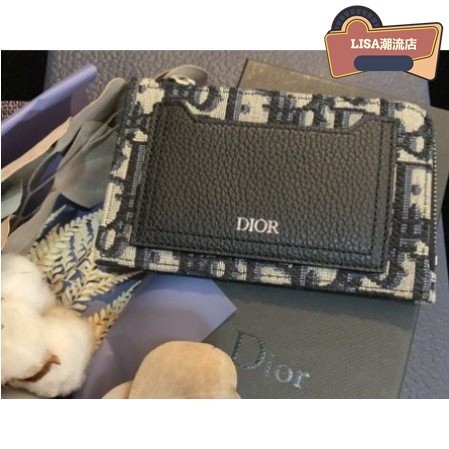 【二手】Dior Homme Oblique 海軍藍 緹花 logo 黑皮革 拉鍊 卡片 零錢包