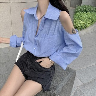 SY露肩襯衫寬松中長款復古長袖襯衫女設計感小眾襯衫港風薄款法式上衣輕熟條紋襯衫