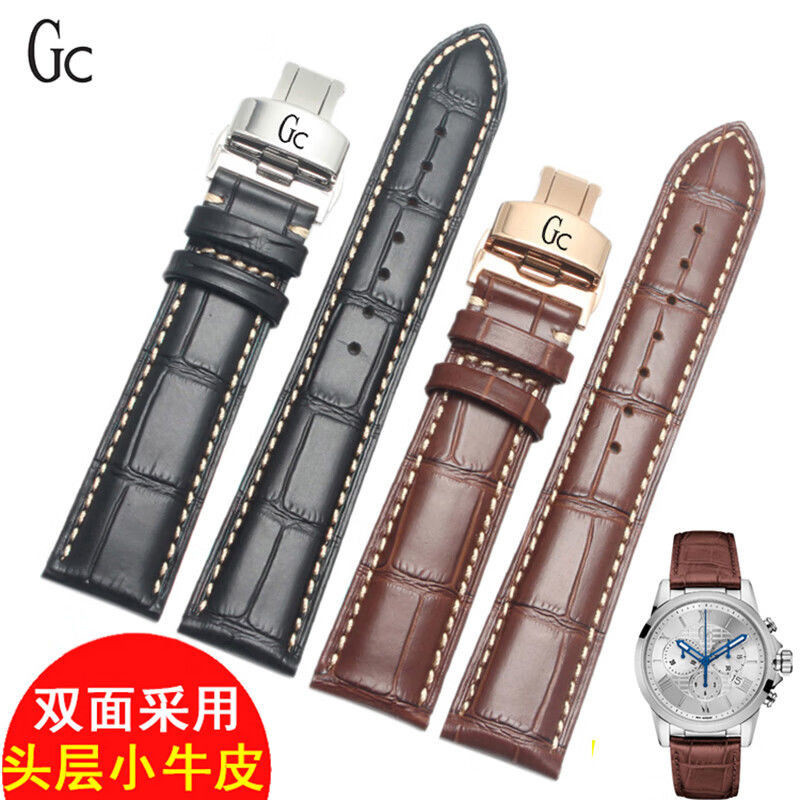 好品質GC真皮手錶帶男20 22mm GUESS蓋爾斯黑棕色皮錶帶蝴蝶扣牛皮錶鏈