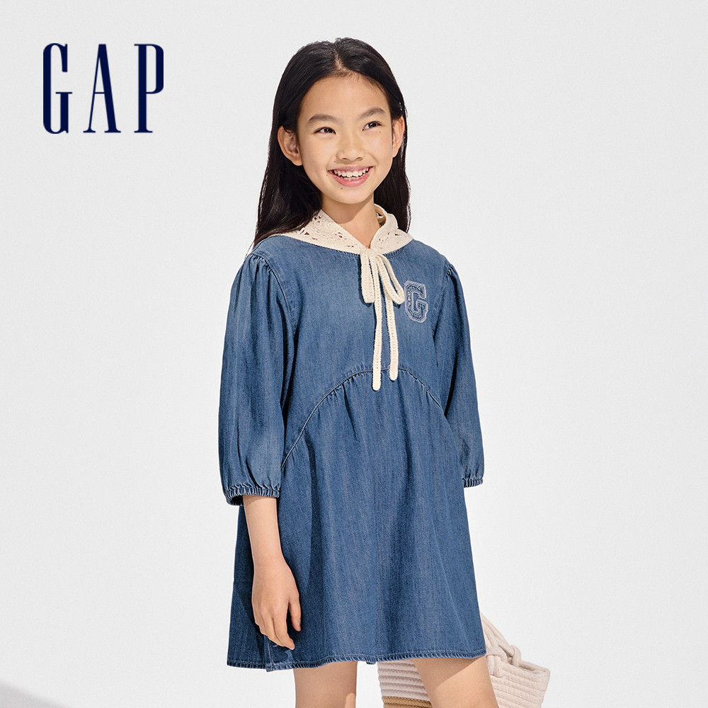Gap 女童裝 Logo圓領八分袖牛仔洋裝-深藍色(890490)