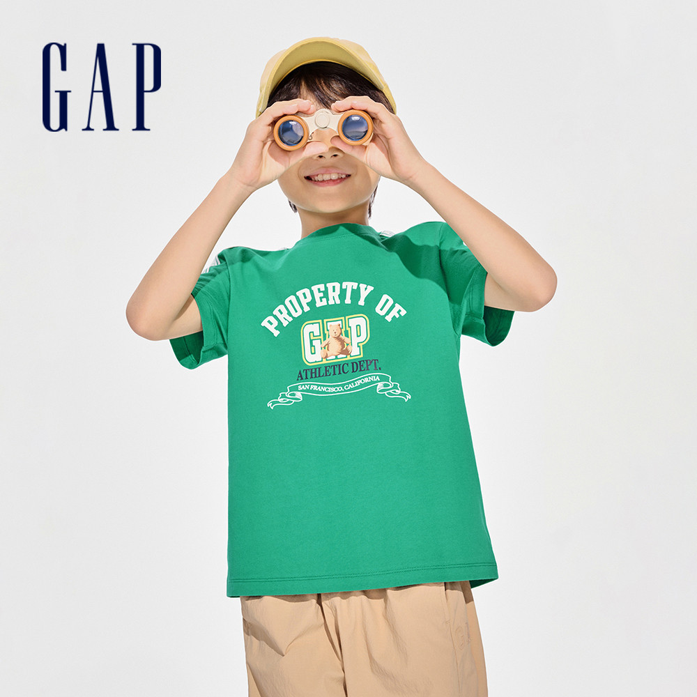 Gap 男童裝 Logo純棉小熊印花圓領短袖T恤-綠色(891986)