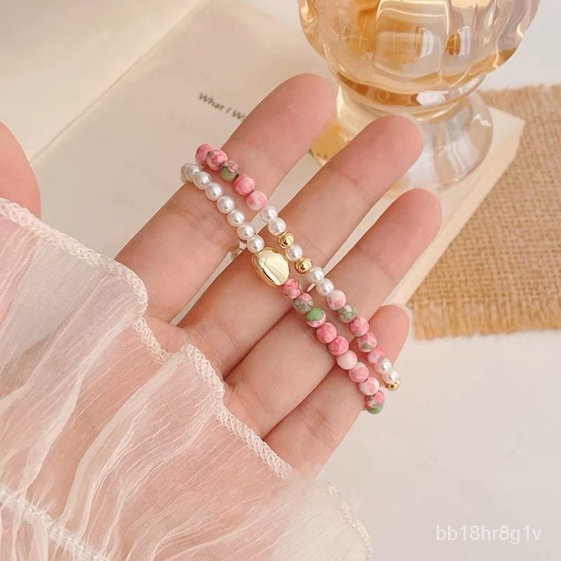 新款設計天然雨彩石新中式手串粉色珍珠隔珠招桃花倖運手鏈手飾