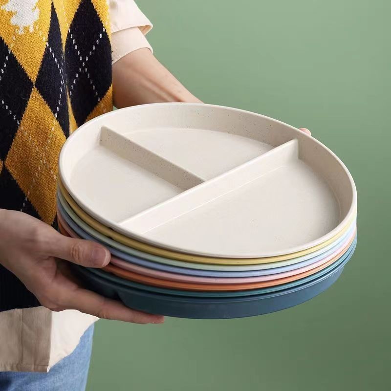 早餐盤子 分格餐盤 211餐盤 可微波碗盤 可微波分隔餐盤 減脂分格盤小麥稭稈創意分格圓形盤子傢用減肥定量早餐塑料PP餐