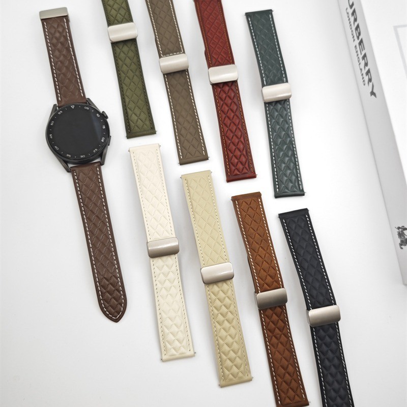 【YX】適用於華為GT2 gt3 菱形紋真皮錶帶華米三星watch5 4磁吸真皮錶帶