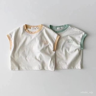 寶寶衣服 嬰兒短袖 韓版短袖拚接字母純色T桖 新生兒衣服夏天 寶寶短袖 兒童上衣