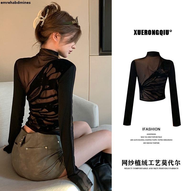 女生T賉👕XUERONGQIU黑色半高領蝴蝶網紗T恤女秋冬修身短款內搭打底衫上衣