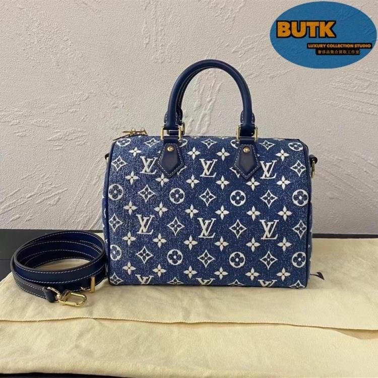 二手全新精品 LV 路易威登 SPEEDY 25 藍色 丹寧牛仔佈 波士頓包 手提包 單肩包 斜挎包 M59609