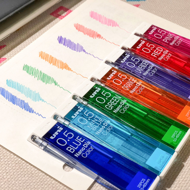 *Nxvt日本UNI三菱彩色鉛芯0.5多彩納米鉛芯鉛筆芯202NDC三菱七彩鉛芯淺藍紅紫橙粉綠色小學生自動鉛筆筆芯0.7