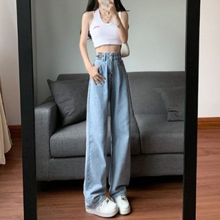 【Wik】 牛仔褲女 牛仔褲 女生褲子 長褲女 褲子女生 外穿潮流雙扣高腰闊腿牛仔褲女 新款直筒寬鬆設計感拖地褲美式