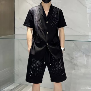 夏季新款韓版2023時尚潮牌設計燙鑽短袖套裝男爆款西裝短褲兩件套 XKAE