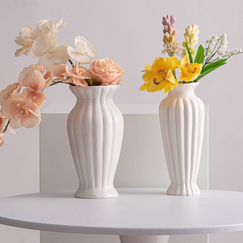 簡約北歐美式白色寬口陶瓷高級感大花瓶擺件創意客廳傢居玫瑰插花 DMJO