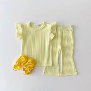 Lovelg baby🌷【夏季新品】韓版童裝夏款喇叭褲涼爽褶皺休閑套裝兒童飛袖坑條淑女兩件套