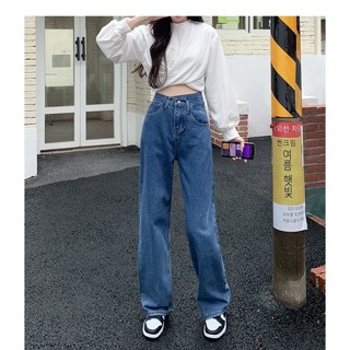 「NZN」 春季新款韓版純色高腰直筒闊腿牛仔褲女