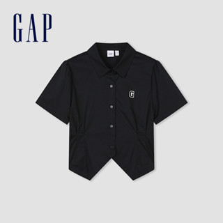 Gap 女裝 Logo短版翻領短袖襯衫-黑色(873201)