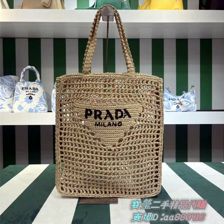 Prada普拉達 logo tote 拉菲編織包草編包1BG393 托特包 手提袋