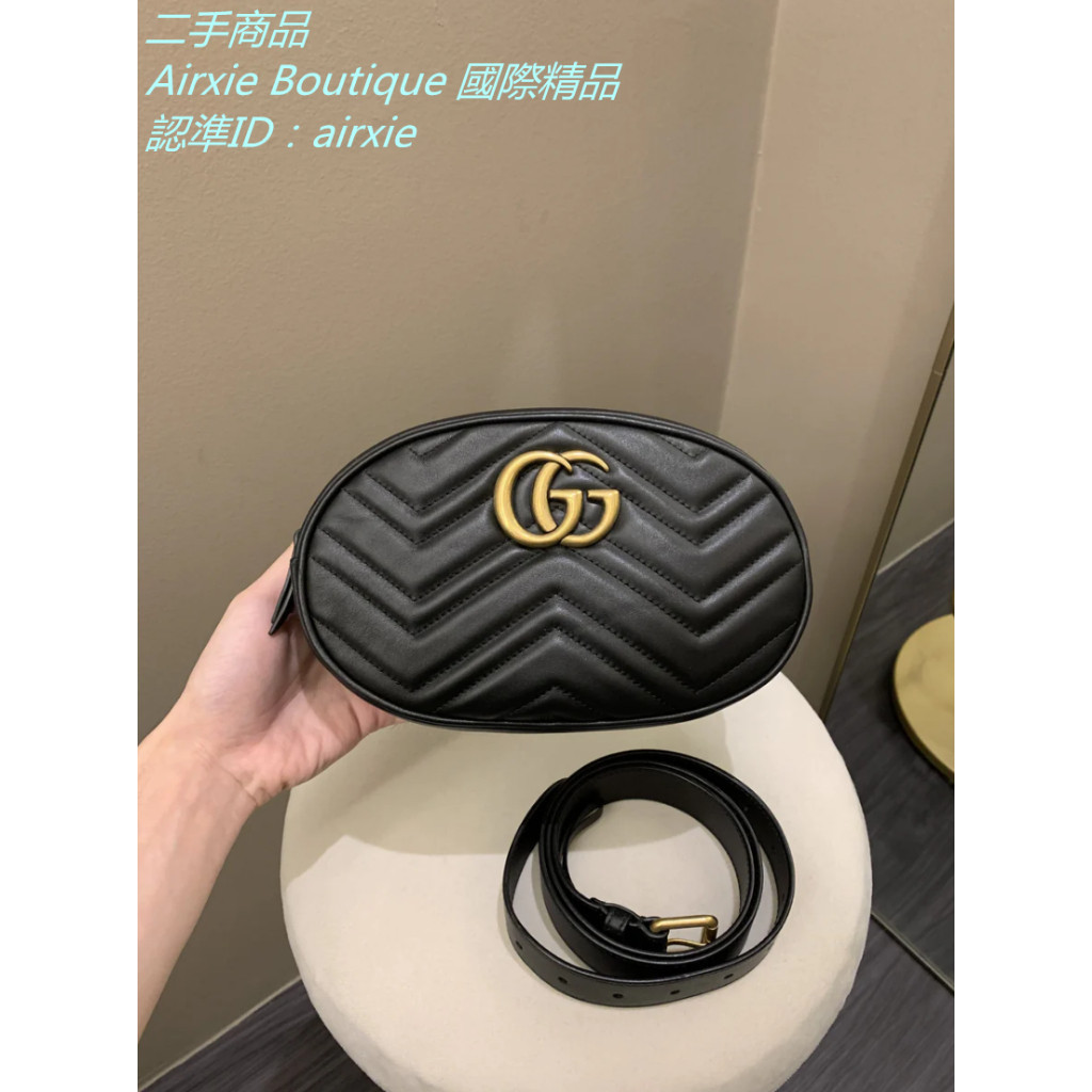二手精品 古馳 Gucci Marmont Belt Bag 黑色 橢圓形 腰包 胸口包 相機包 491294