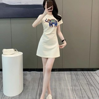 小可傢服飾~洋裝 洋裝女 洋裝女夏 潮流法式連衣裙女新款印花休閒收腰顯瘦a字短裙純慾風休閒T恤裙女 修身洋裝 韓版洋裝
