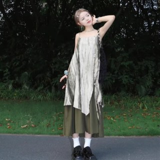 小可傢服飾~假兩件式洋裝 洋裝女夏 法式洋裝 複古洋裝 紮染洋裝 連衣裙女 夏季 寬鬆洋裝 顯瘦洋裝 弔帶長裙小眾設計感