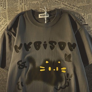 🌈新品爆款 上衣 T🌈美式復古vibe風小貓短袖t恤男女夏oversize寬松潮情侶裝半袖上衣卡通短袖