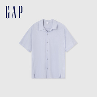 Gap 男裝 Logo亞麻翻領短袖襯衫-淡紫色(885844)