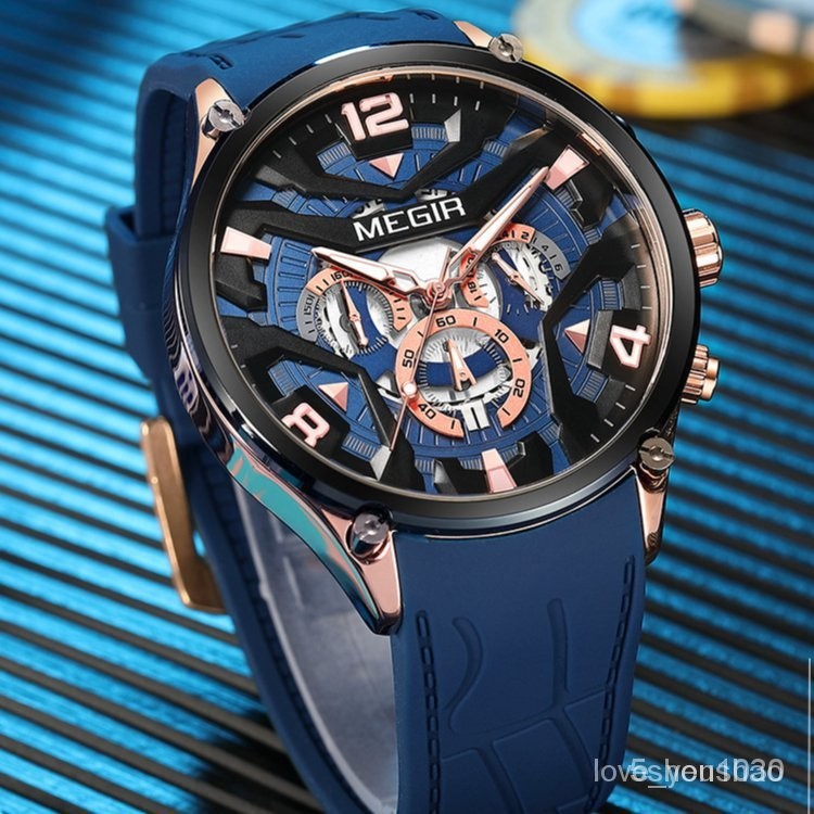 下殺價MEGIR2023新款男士手錶 矽膠錶帶多功能創意錶盤時尚潮流運動手錶腕表 時尚運動手錶 男手錶 商務手錶 男錶