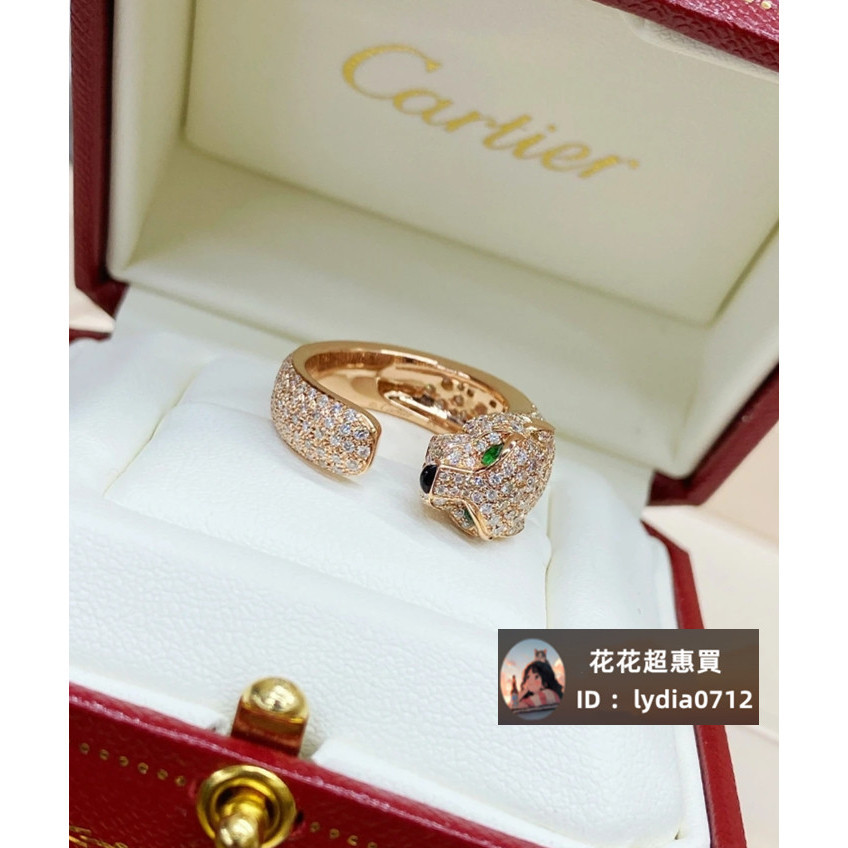 (二手品）Cartier 卡地亞 PANTHERE DE CARTER 戒指 18k金 祖母綠 鑲鑽 豹子戒指 滿鑽