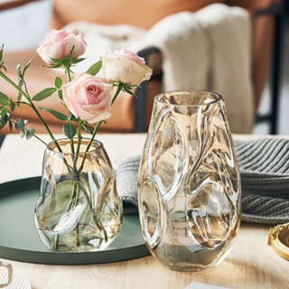 花瓶 花器 玻璃瓶 臺面花器 北歐風花瓶 高級感 不規則花瓶 玻璃透明 水培插花 玫瑰百合 客廳餐桌藝術擺件
