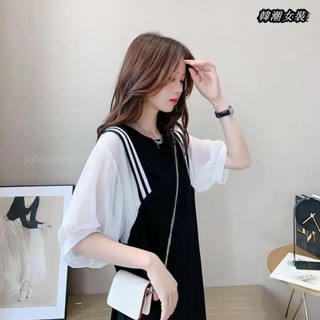 🔥韓潮大碼女裝🔥150公斤內可穿 加肥加大夏季胖mm大尺碼女裝寬鬆中長款體恤裙假兩件洋裝子200-300斤潮#大尺碼