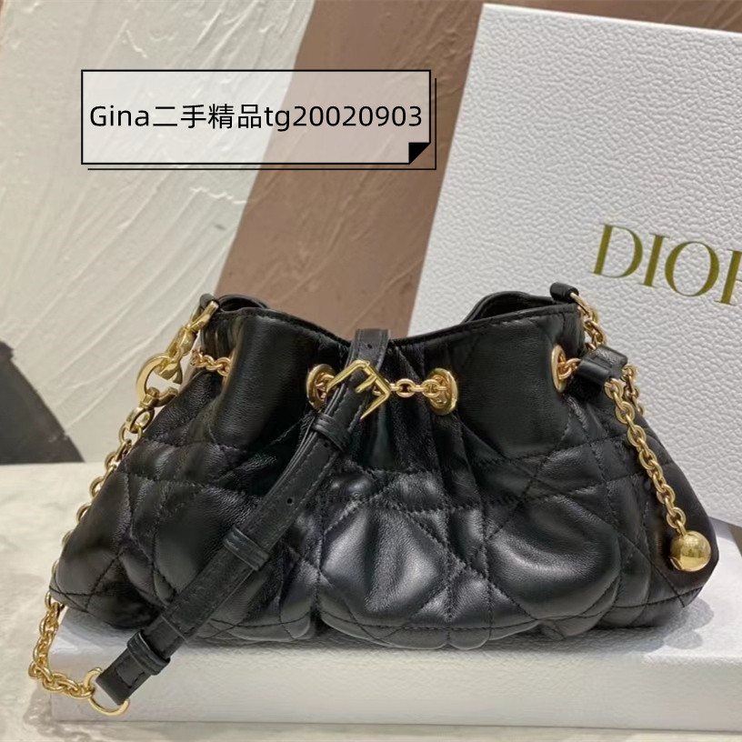二手 Dior 迪奧 黑色柔軟羊皮革超大藤格紋 小號 DIOR AMMI 手袋 水桶包 肩背包 M22556