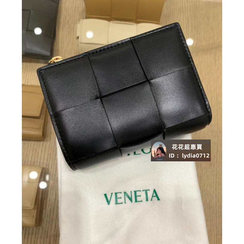 (二手品） BOTTEGA VENETA BV 黑色 大格子 編織 零錢包 卡夾 拉鏈零錢袋 男女款