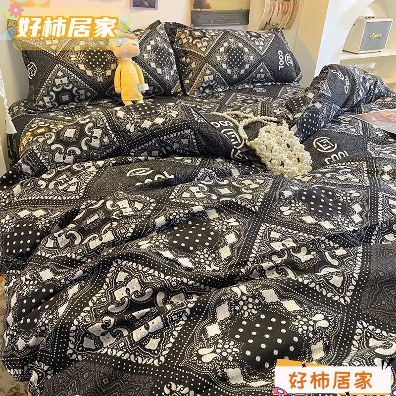 🔥台灣熱賣🔥韓國時尚潮牌印花 床包組 四件組 單人加大床單 雙人被單 特大床罩 被套枕頭套 保潔墊 舒柔棉 適合裸睡