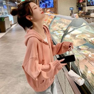 TK推薦✈連帽外套女春秋華夫格薄款寬松大碼拉鏈開衫純色百搭外套女上衣潮上衣百搭外套 長袖上衣 薄外套