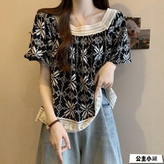 ✨大碼短袖女 100公斤可穿大碼蕾絲花邊拼接雪紡碎花方領襯衫女夏裝寬松遮肚上衣 大碼女裝