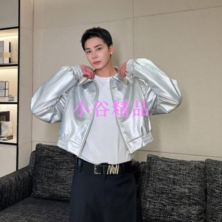 🔱小谷1🔱十月原創新款秋冬款銀色亮面翻領皮衣外套男高級感潮牌痞帥韓版短版PU皮夾克潮gdfg
