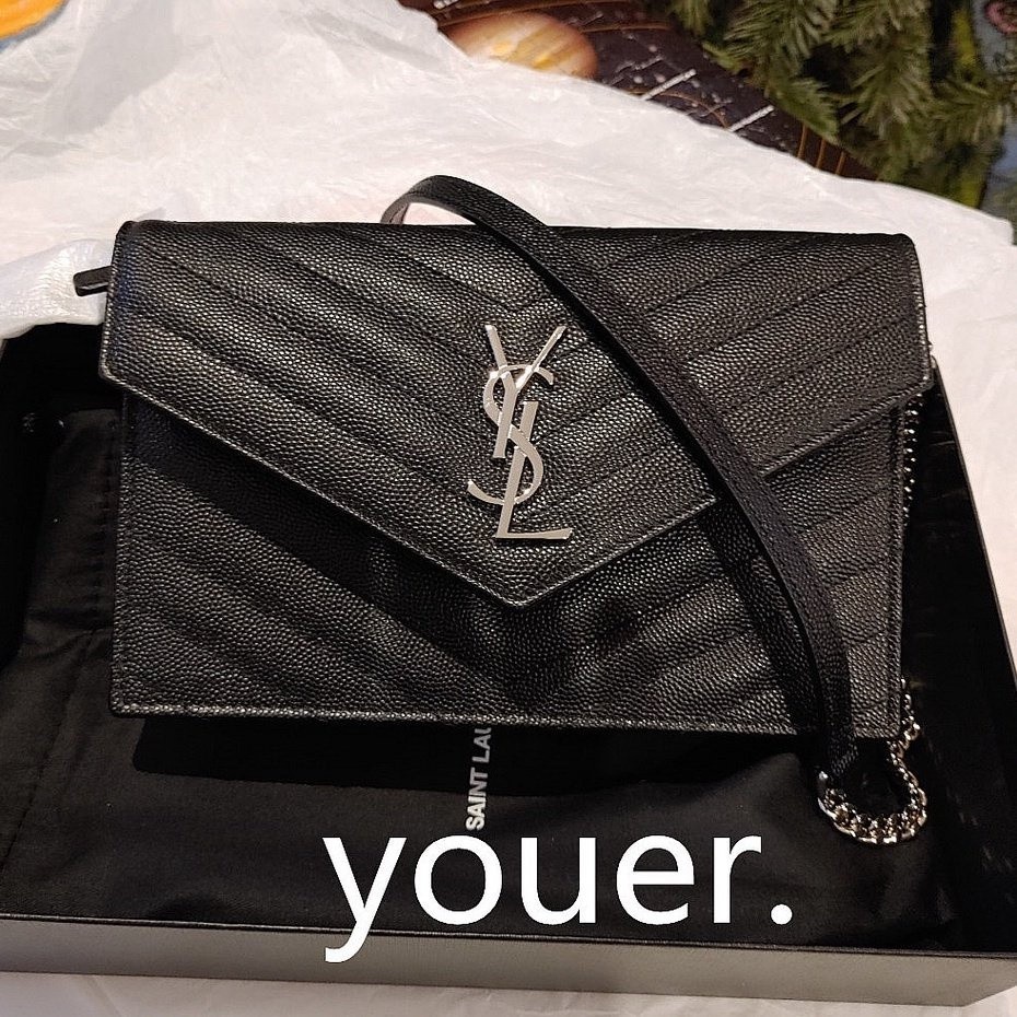 精品二手 YSL 聖羅蘭鏈條包 荔枝皮 woc 393953 魚子醬 金銀扣 信封包 女士單肩 斜挎包 肩背包