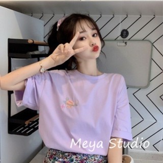 【Meya】紫色T恤 女裝 短袖 夏季 日係 溫柔韓風 chic 上衣 寬鬆印花短袖T恤 ins 風衣服