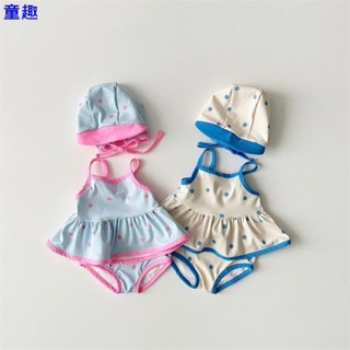 🍓兒童套裝🍓【】夏季ins韓系女童分體泳衣 中兒童波點吊帶上衣 三角短褲 泳帽三件式 兒童度假戶外涉水運動泳衣