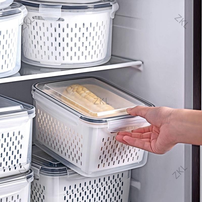 台灣熱賣🚀日式雙層瀝水籃保鮮盒廚房食品冷凍密封盒食品級塑膠冰箱收納盒