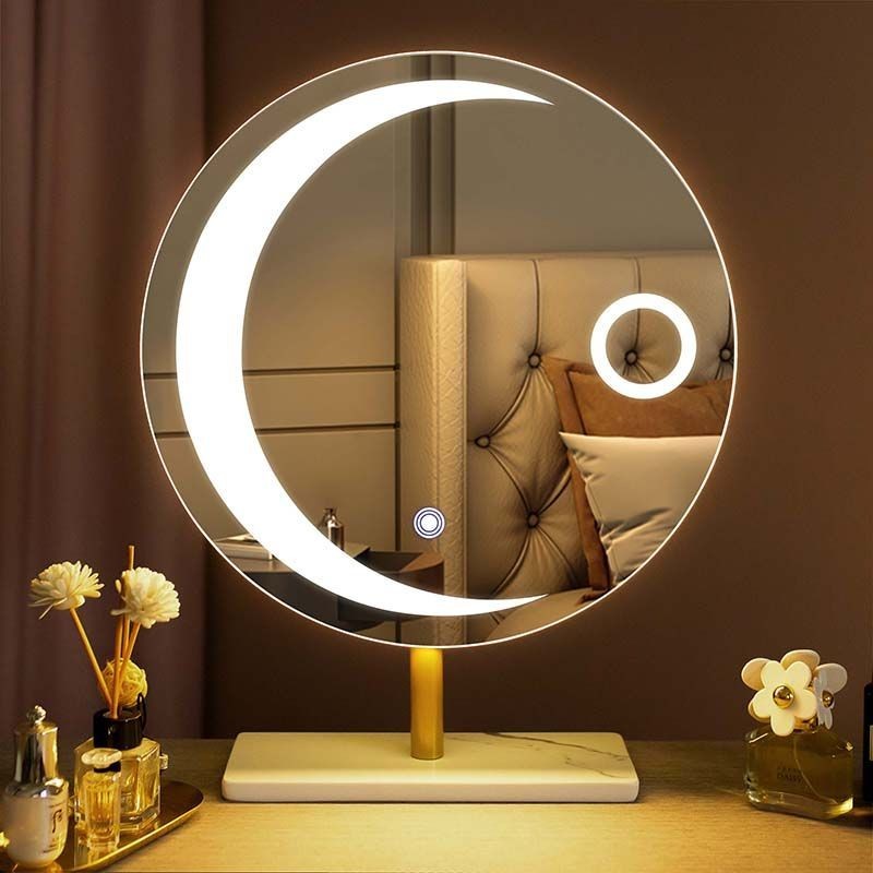 月亮臺式led鏡子化妝鏡桌面網紅輕奢帶燈臥室智能公主鏡梳妝鏡子