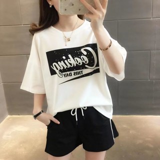 桃喜國風潮女裝 大尺碼套裝 新款簡約風休閑運動套裝女夏季新款拼接鏤空字母印花兩件套短袖寬松顯瘦時尚