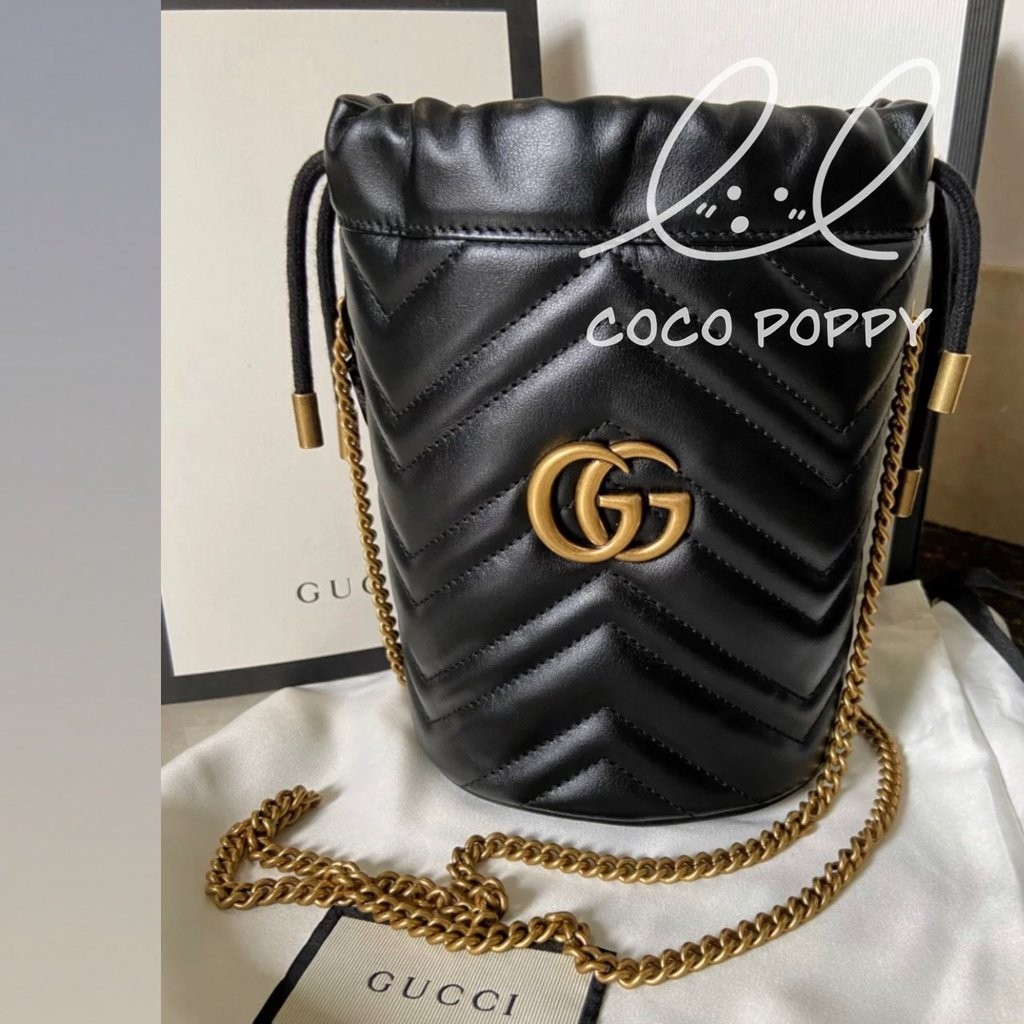 二手精品 GUCCI 古馳 GG MARMONT 馬蒙 絎縫皮革抽繩 水桶包 單肩包 鏈條包 斜挎包 MINI 黑色