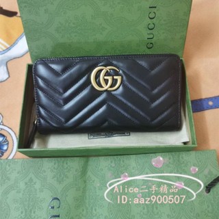 GUCCI GG Marmont系列 443123 拉鏈式 黑色牛皮 錢包 長夾 手拿包