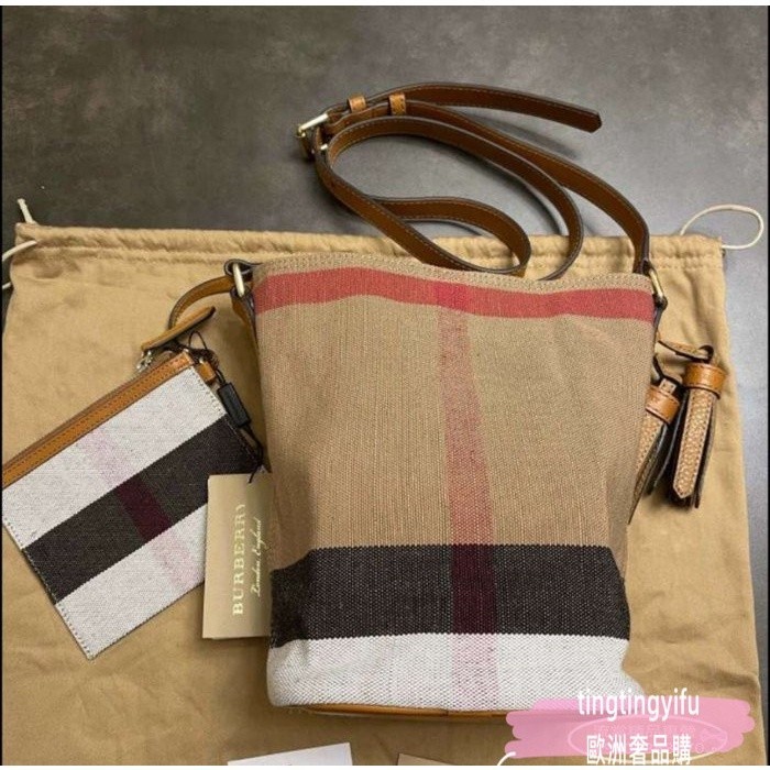 二手 BURBERRY 博柏利 THE ASHBY CANVAS系列 格紋麻布小號 水桶包 40204851 肩背包帆布