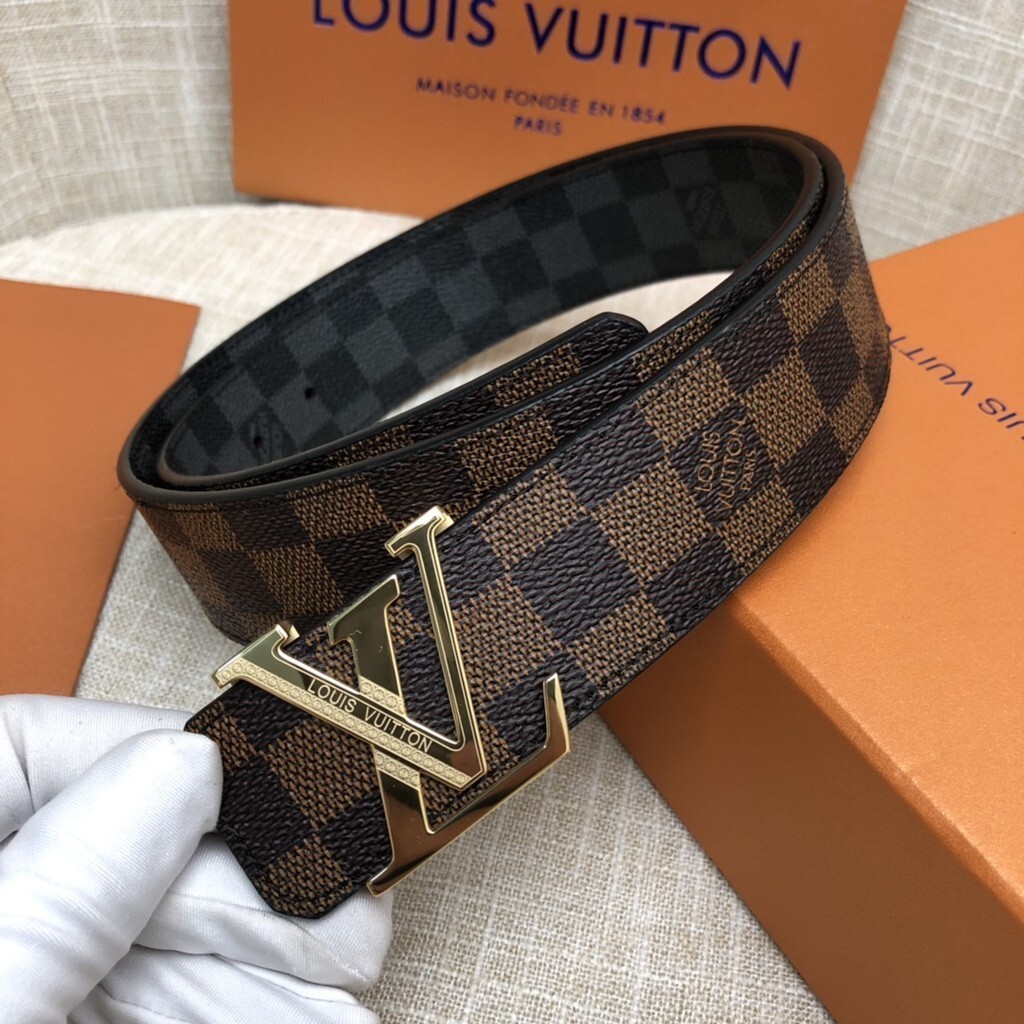 二手 LV皮帶男 Louis Vuitton LV路易威登男士皮帶 平滑扣 男生腰帶 經典咖格 黑花 皮帶