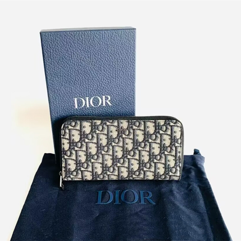 二手 DIOR 迪奧 Oblique系列 老花 藍色刺繡 帆布 拉鏈長夾 皮夾 長錢包 手拿包