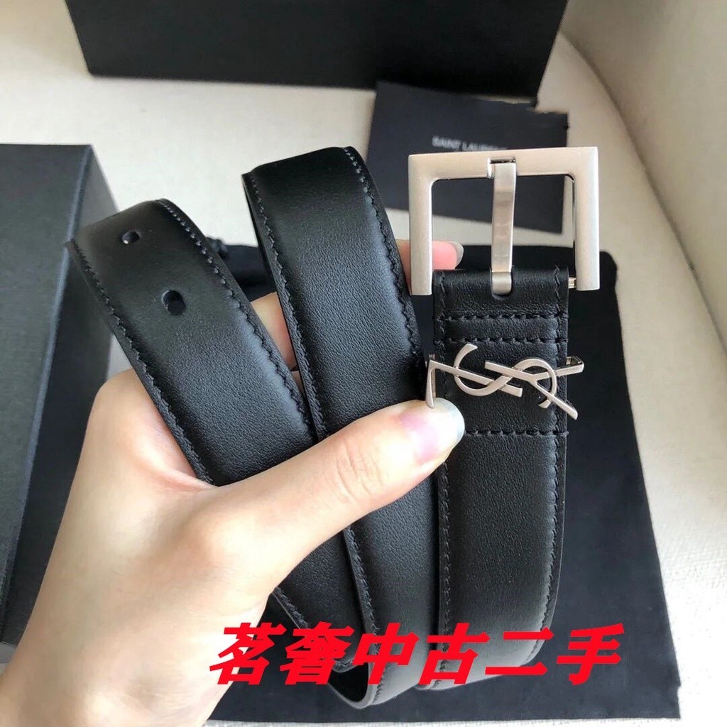 聖羅蘭 YSL 黑色小牛皮 銀色方扣 女生 3cm 皮帶 腰帶