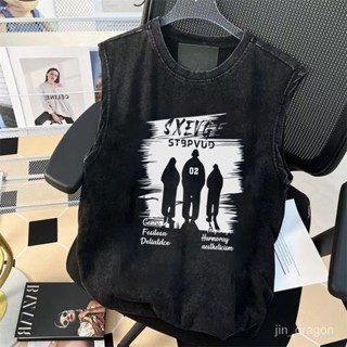 蘑菇頭小屋-水洗做舊寬鬆100%純棉背心男款無袖T恤上衣服美式高街ins潮牌坎肩