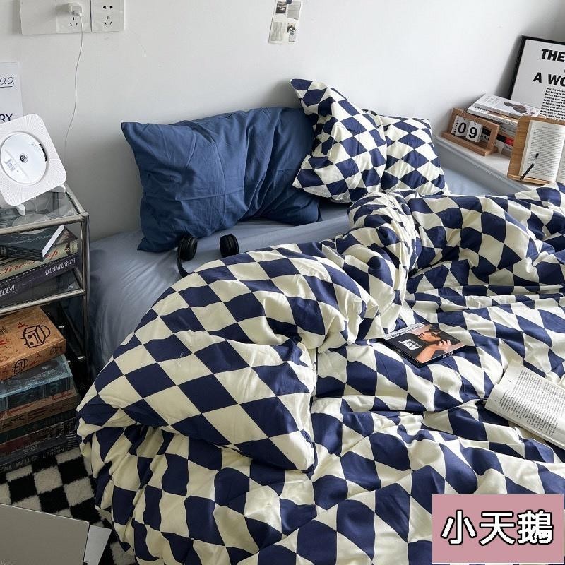 小天鵝 藍格 菱格 素色 簡約風 小清新 床包組 床單 三件套單人 床包四件套 雙人床包 加大雙人床包