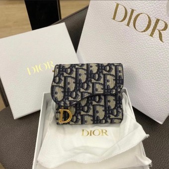 二手免運 DIOR 迪奧 馬鞍 LOTUS 錢包藍色 Oblique 印花 女生三折卡夾 S5652 零錢包 證件夾短